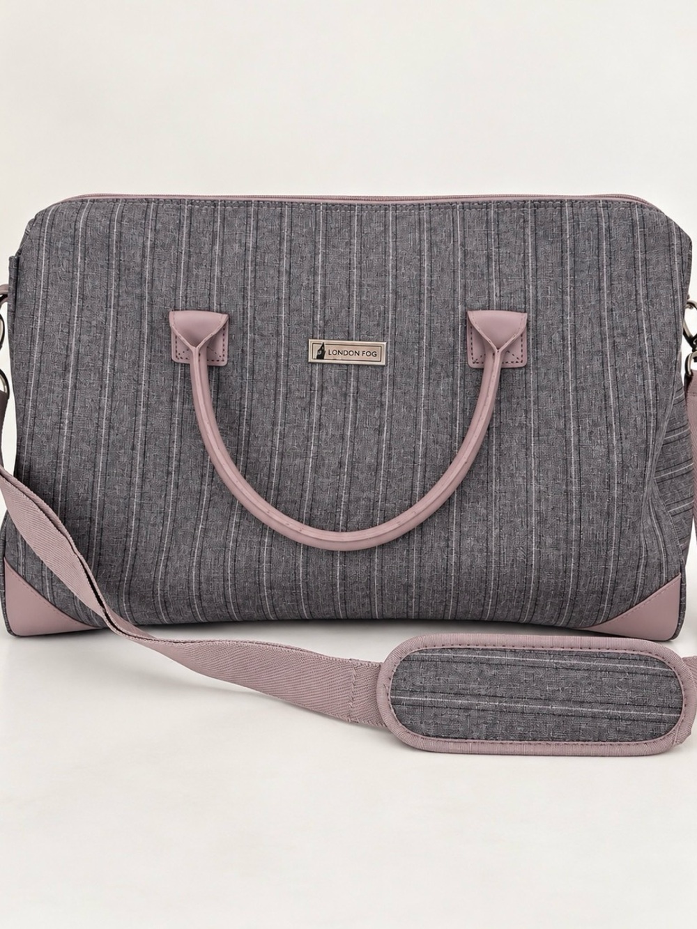 London Fog Gray Mauve Pinstripe Weekender Duffel Travel Bag Carry On